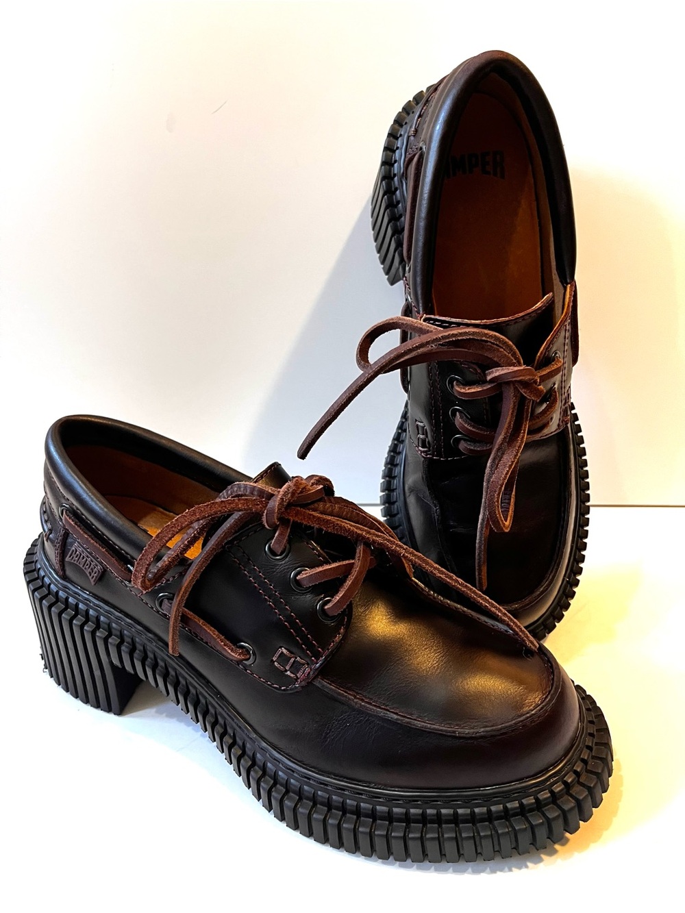 CAMPER PIX LONDON Leather Loafer Heeled Boat Shoe Chunky Heel 38/7.5